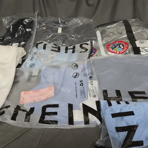 BOX OF ASSORTED CLOTHING ITEMS IN VARIOUS COLOURS, STYLE AND SIZES