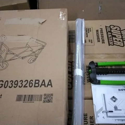 PALLET OF ASSORTED ITEMS INCLUDING A GARDEN CART , RAPID A3 , ROLLER BIND , GARDEN GRASS SPRINLER ATTACHMENT
