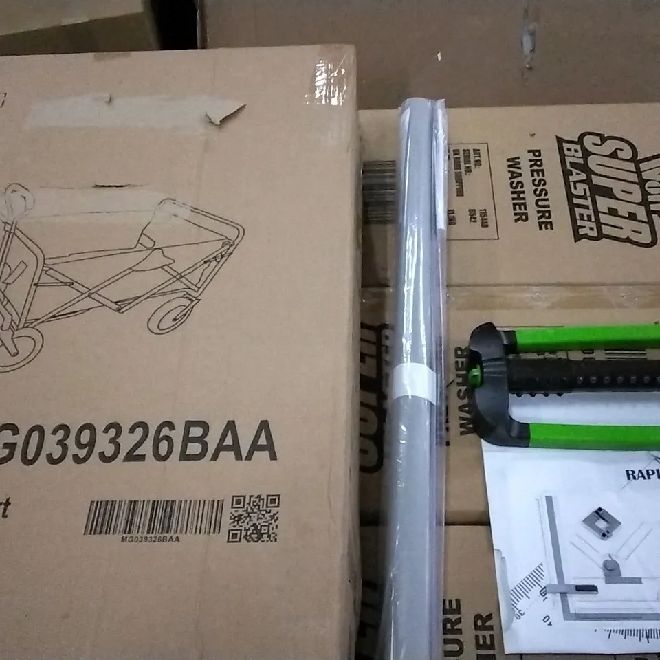PALLET OF ASSORTED ITEMS INCLUDING A GARDEN CART , RAPID A3 , ROLLER BIND , GARDEN GRASS SPRINLER ATTACHMENT 