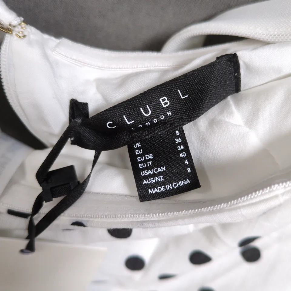 CLUB L TRIUMPH POLKA DOT BANDEAU MIDI DRESS IN WHITE/BLACK - UK 8