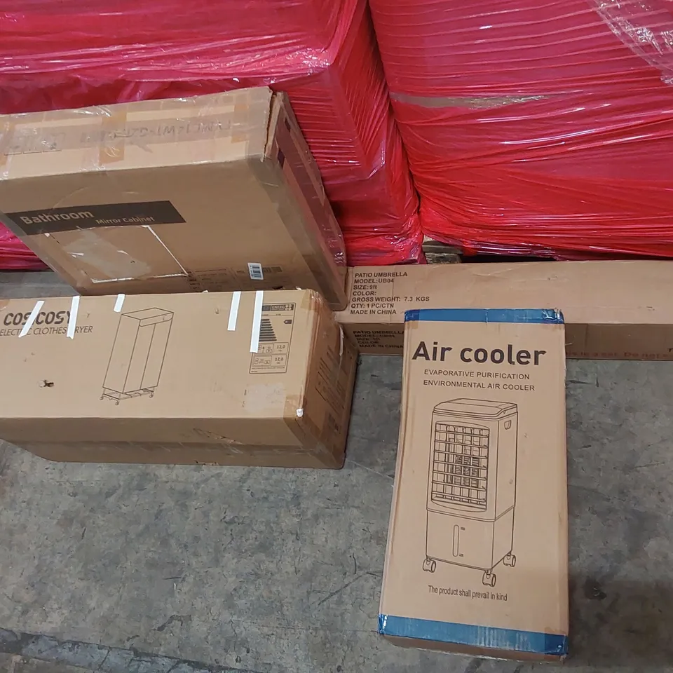 PALLET OF ASSORTED CONSUMER PRODUCTS TO INCLUDE: PATIO UMBRELLA, AIR COOLER, ELECTRIC CLOTHES DRYER, BATHROOM MIRROR CABINET ECT