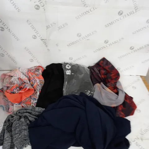 LARGE BOX OF ASSORTED CLOTHING ITEMS IN VARIOUS COLOURS AND SIZES INCLUDING TROUSERS , TOPS AND JUMPERS 