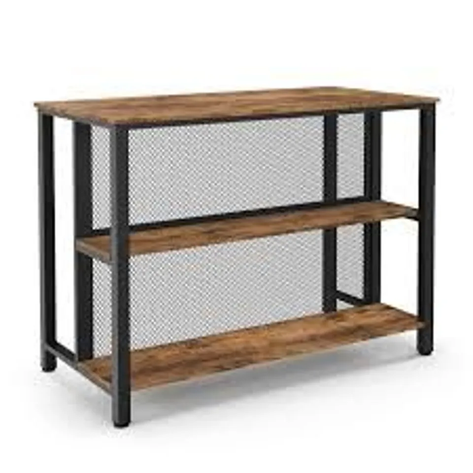 BOXED COSTWAY 2 SHELF RUSTIC BROWN BAR TABLE WITH METAL MESH DIVIDER