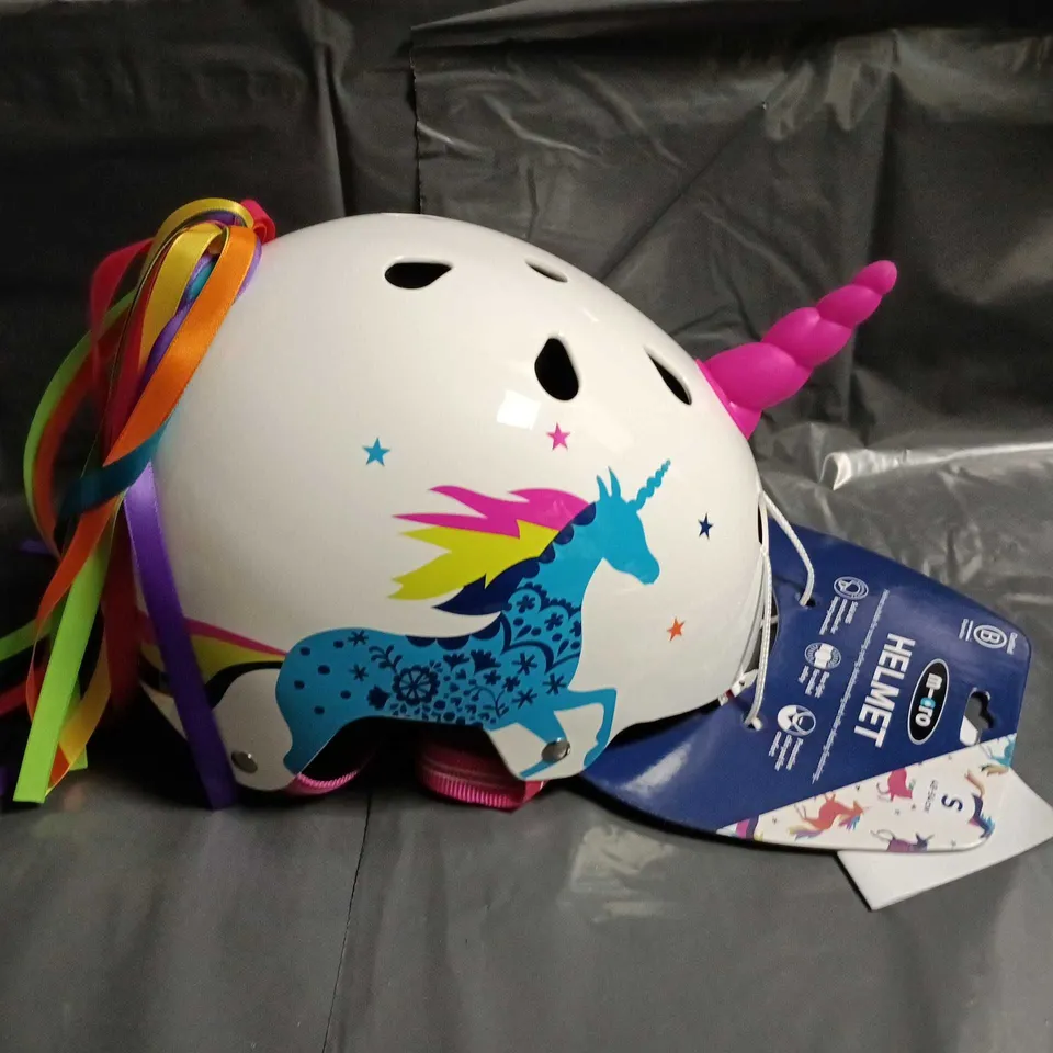 KIDS' UNICORN MICRO HELMET – WHITE, SIZE S (48–54 CM), BY MERO WITH RAINBOW RIBBONS