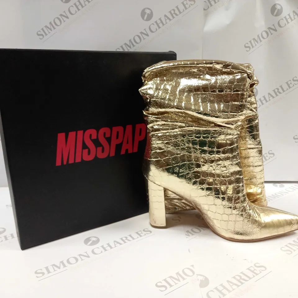 BOXED PAIR OF MISSPAP METALLIC RUCHED CROC KNEE HIGH BOOTS UK SIZE 7