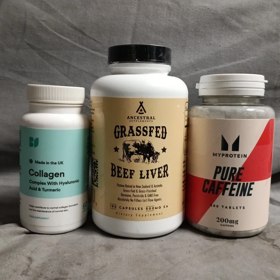 APPROXIMATELY 15 ASSORTED FOOD SUPPLEMENT AND HEALTH ITEMS TO INCLUDE MY PROTEIN, COLLAGEN, BEEF LIVER, ETC