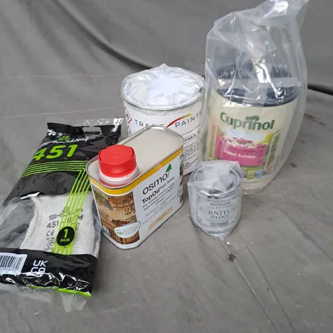 APPROXIMATELY 10 ASSORTED HOUSEHOLD PRODUCTS TO INCLUDE PROTECTIVE GLOVES, TOP OIL, FURNITURE PAINT ETC 