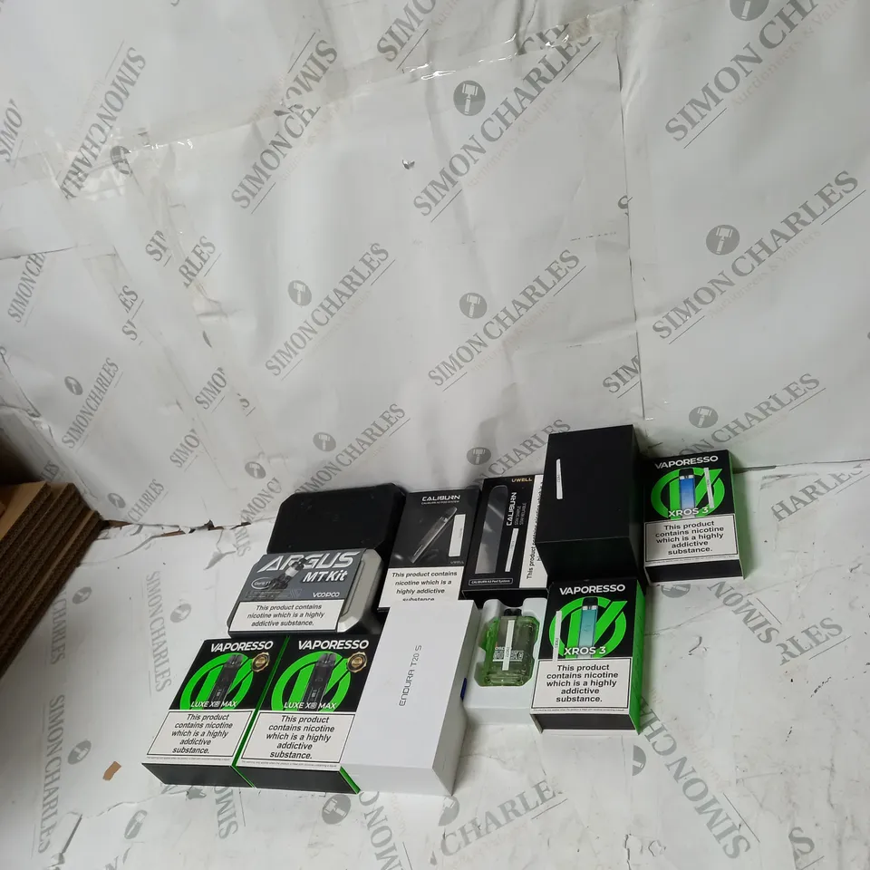 BOX OF APPROXIMATELY 10 ECIG PRODUCTS TO INCLUDE CALIBURN, VAPORESSO, VAPORSTORM 