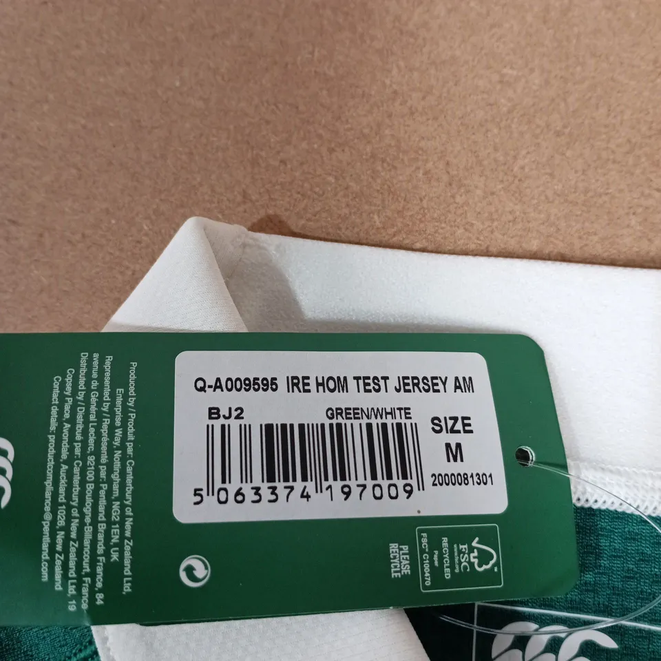 IRELAND RUGBY HOME TEST JERSEY BY CANTERBURY CCC – GREEN/WHITE, VODAFONE SPONSOR, SIZE M (MEN)
