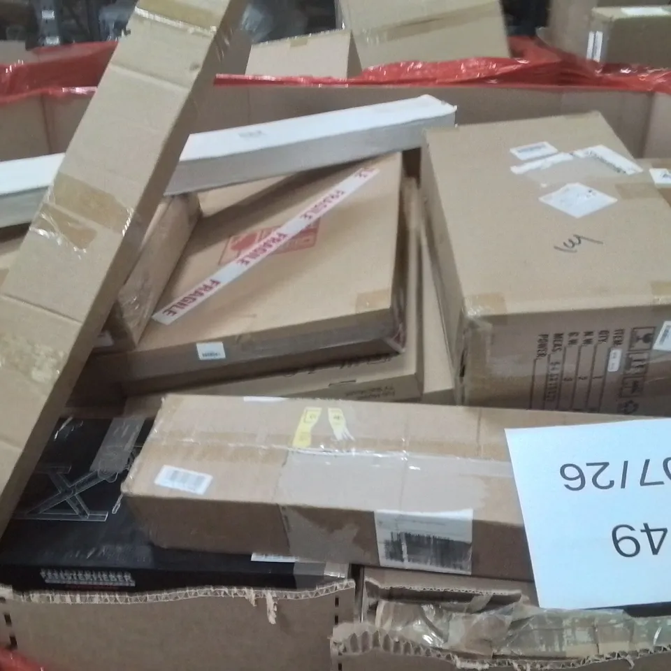 PALLET OF ASSORTED HOUSEHOLD GOODS AND PRODUCTS TO INCLUDE;VINYL FLOOR CUTTER,PICTURE FRAME,BACK BRACE