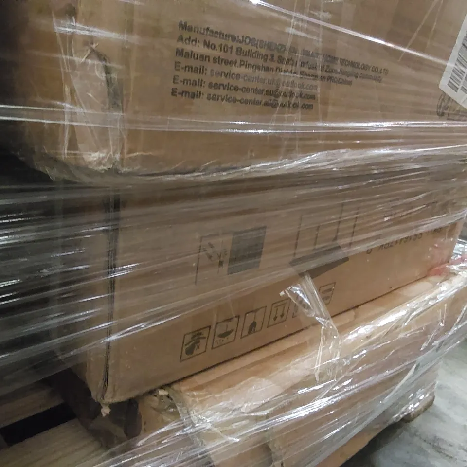 PALLET CONTAINING A LARGE ASSORTMENT OF CONSUMER PRODUCTS INCLUDING: INTELLIGENT FAN LIGHT, SINGLE STAR SINK WITH COUNTERTOP BOTTOM FRAME, PERGOLA, CHAIR PARTS ECT