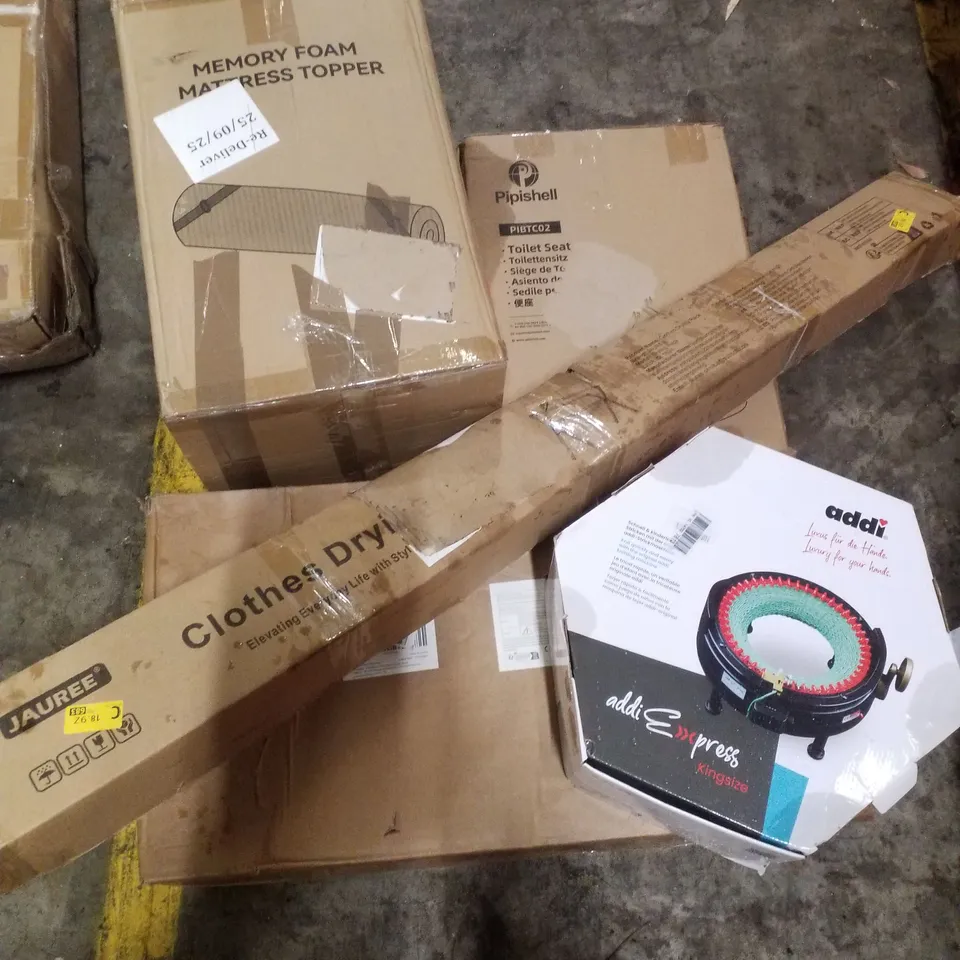 PALLET CONTAINING ASSORTED PRODUCTS INCLUDING CLOTHES DRYING RACK, KNITTING MACHINE, MEMORY FOAM MATTRESS TOPPER, 3-IN-1 KIDS SWING & TOILET SEAT