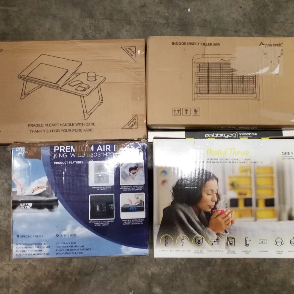 PALLET OF ASSORTED PRODUCTS INCLUDING INDOOR INSECT KILLER, HEATED THROW, PREMIUM AIR BED KING, LAPTOP DESK, WINDOW FILM