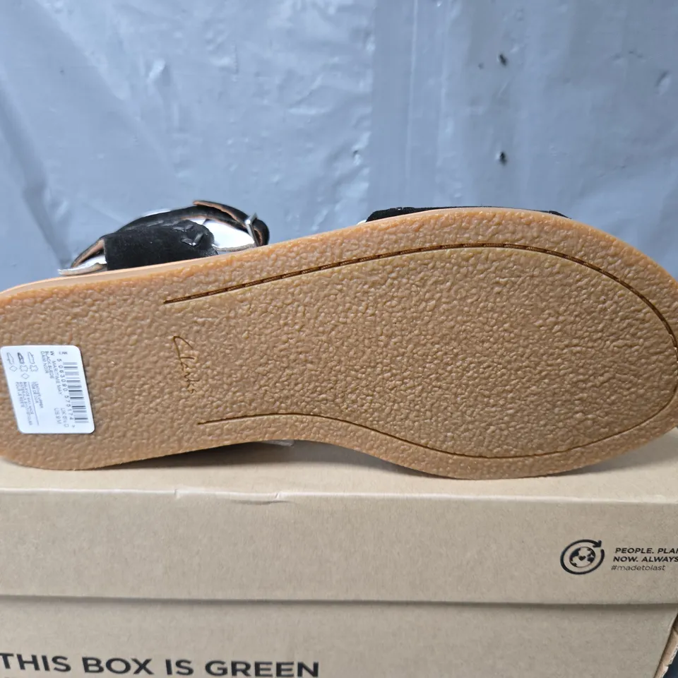 BOXED PAIR OF CLARKS MARITIME MAY SANDALS IN BLACK SUEDE - UK 6.5