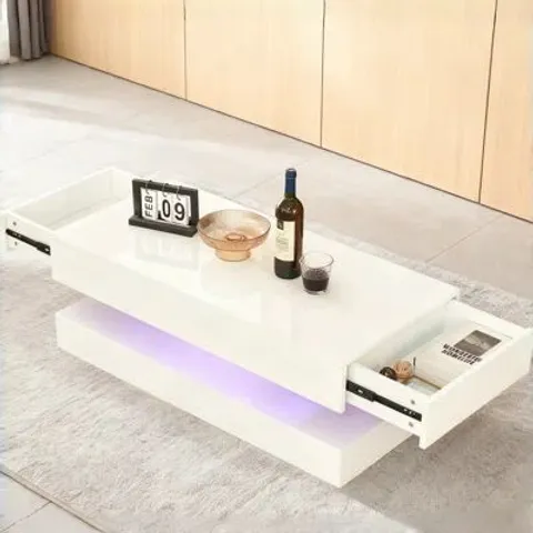 BOXED MODERN GLOSS LED COFFEE TABLE WITH 2 DRAWER STORAGE FOR LIVING ROOM - WHITE