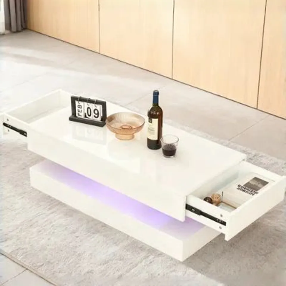 BOXED MODERN GLOSS LED COFFEE TABLE WITH 2 DRAWER STORAGE FOR LIVING ROOM - WHITE