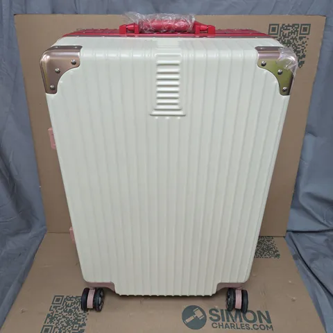 WHITE AND RED HARD-SHELL TROLLEY SUITCASE