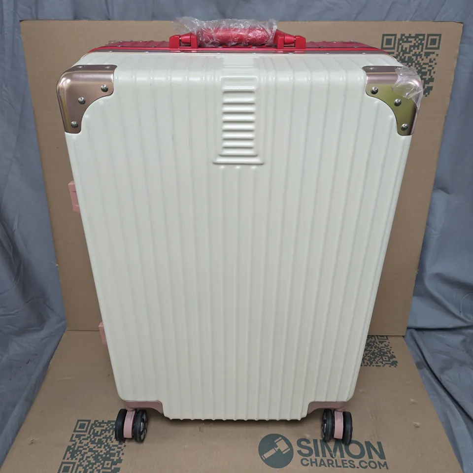 WHITE AND RED HARD-SHELL TROLLEY SUITCASE