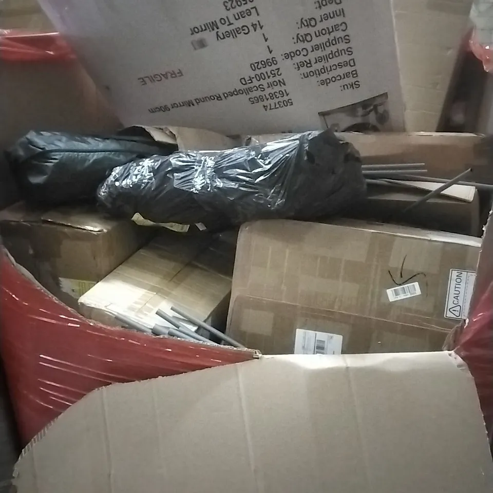 A PALLET CONTAINING ASSORTED HOUSEHOLD GOODS AND PRODUCTS TO INCLUDE; MIRROR, CAMPING CHAIRS, BOXED FURNITURE ETC