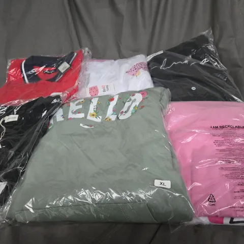 BOX OF ASSORTED CLOTHING ITEMS IN VARIOUS COLOURS, STYLE AND SIZES