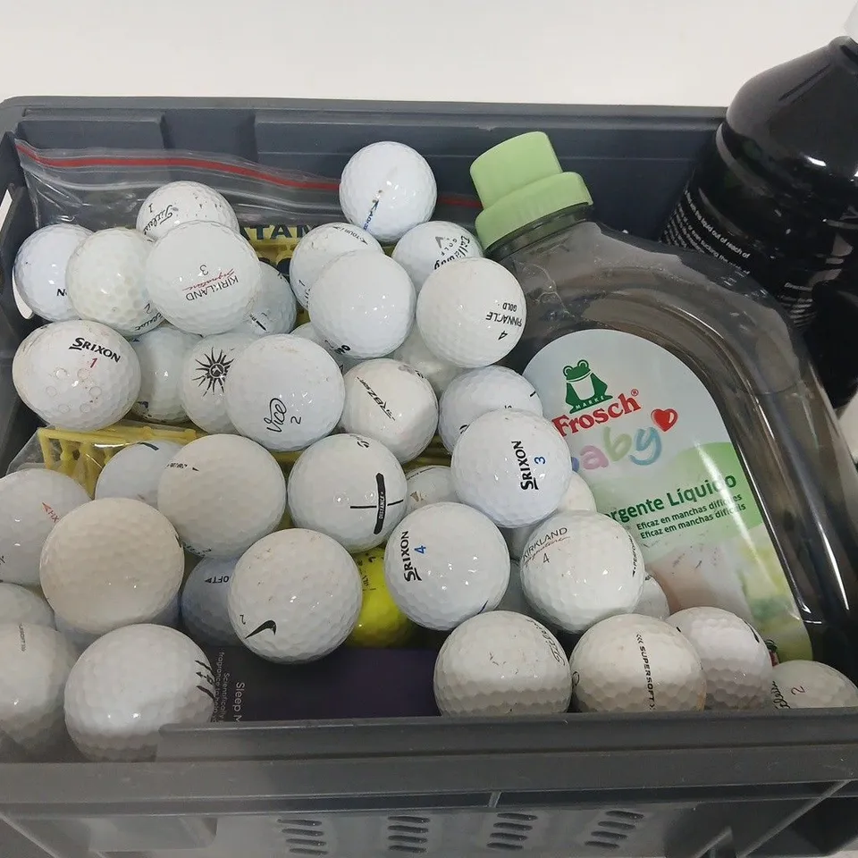 APPROXIMATELY 15 ASSORTED HOUSEHOLD PRODUCTS TO INCLUDE GOLF BALLS , WASHING DETERGANT AND LAMP OIL