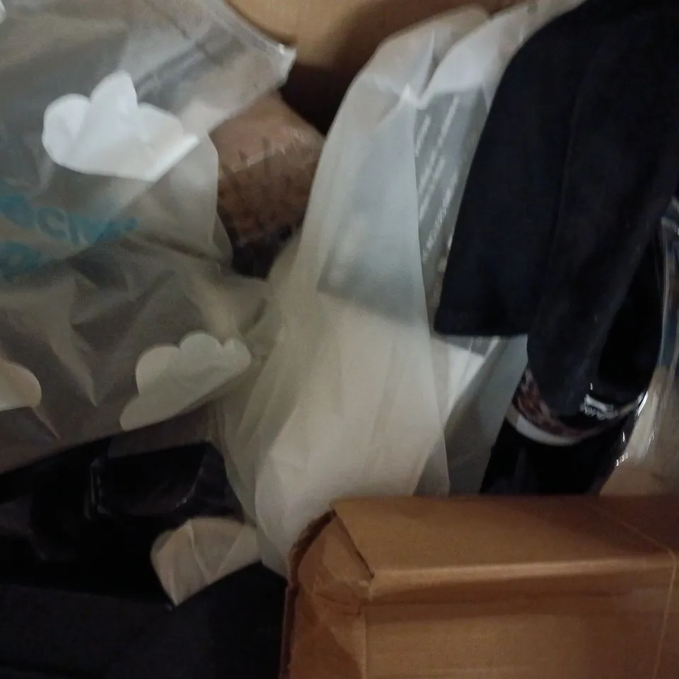 BOX OF APPROXIMATELY 15 ASSORTED PAIRS OF SHOES AND FOOTWEAR ITEMS IN VARIOUS COLOURS, STYLES, AND SIZES - COLLECTION ONLY