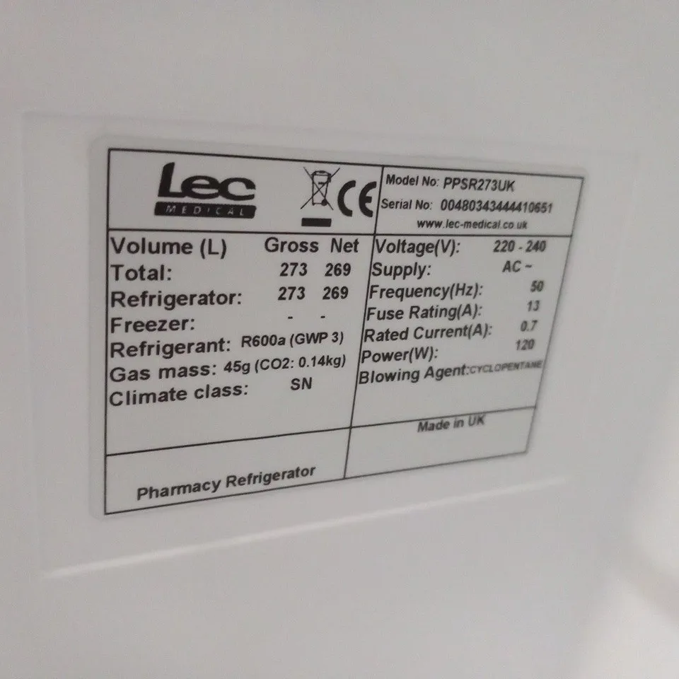 LEC PPSR273UK FREESTANDING PHARMACY CONTROL PLUS FRIDGE - SOLID DOOR 273 LITRES
