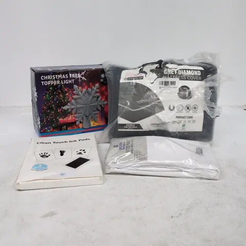 BOX OF APPROXIMATELY 20 ASSORTED ITEMS TO INCLUDE CHRISTMAS TREE TOPPER LIGHT, FITTED SHEET, GREY DIAMOND MATTRESS COVER ETC