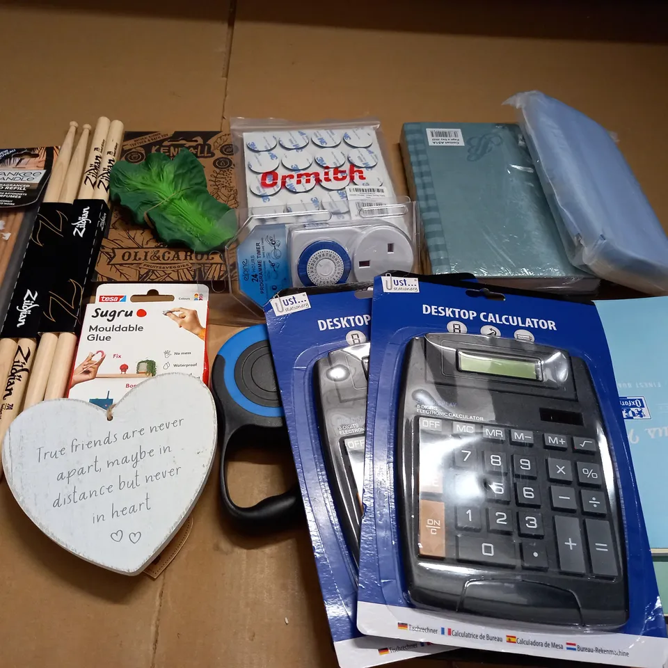 LOT OF ASSORTED HOUSEHOLD ITEMS TO INCLUDE OXFORD A5 NOTEPADS, AND HICKORY DRUM STICKS