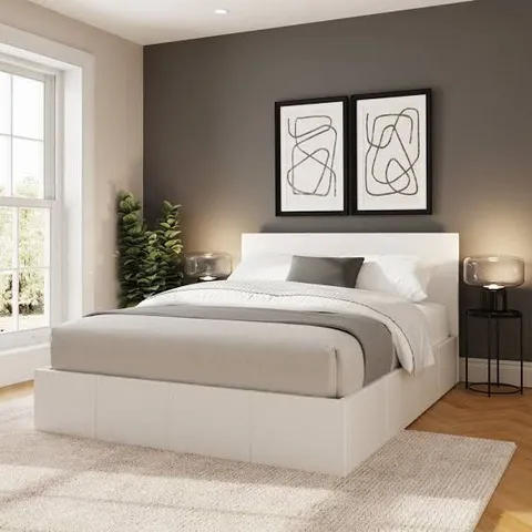 BRAND NEW BOXED END LIFT OTTOMAN 135CM DOUBLE WHITE PU LEATHER BED FRAME (2 BOXES)