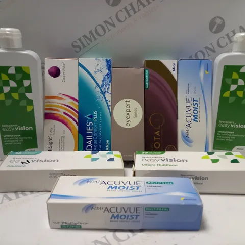 BOX OF APPROX 25 ASSORTED CONTACT LENSES AND CONTACT LENSE SOLUTIONS
