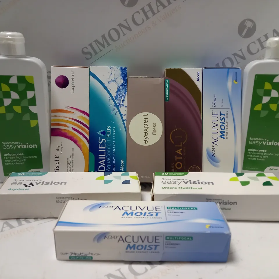 BOX OF APPROX 25 ASSORTED CONTACT LENSES AND CONTACT LENSE SOLUTIONS