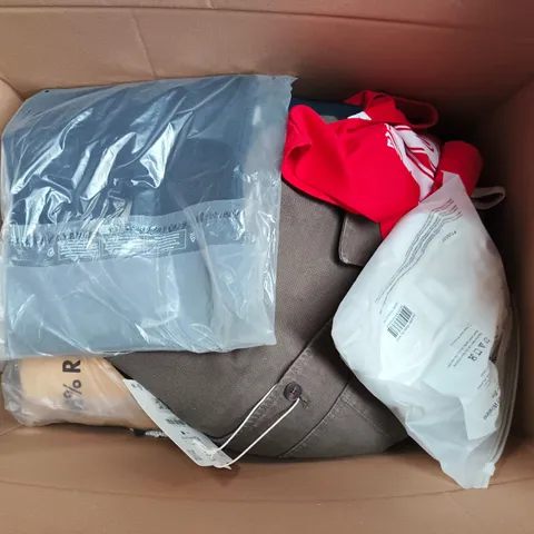 LARGE BOX OF APPROXIMATELY 25 ASSORTED CLOTHING ITEMS IN VARIOUS COLOURS, STYLES AND SIZES - COLLECTION ONLY