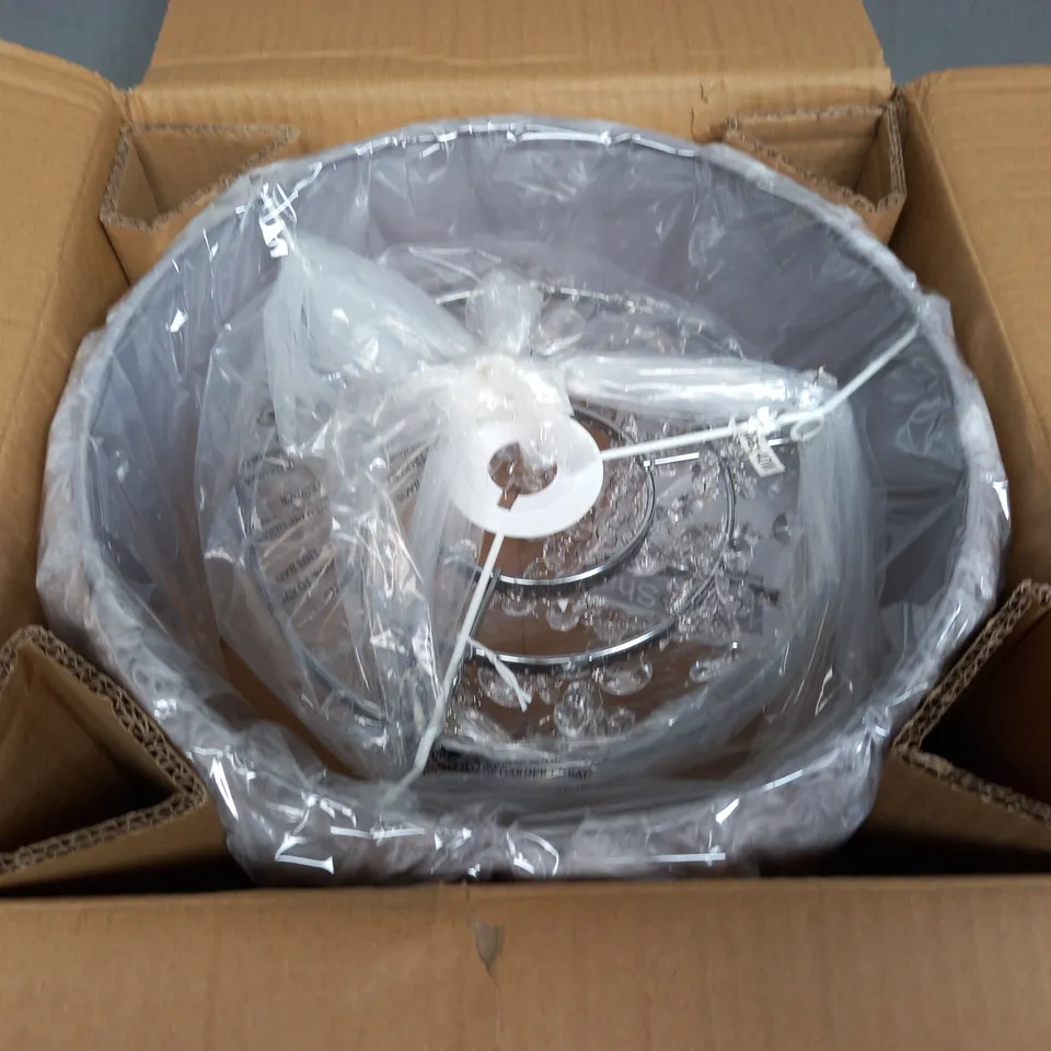 BOXED HAPPY HOMEWARES GREY FEATHER PENDANT LIGHT SHADE WITH ACRYLIC DROPLETS