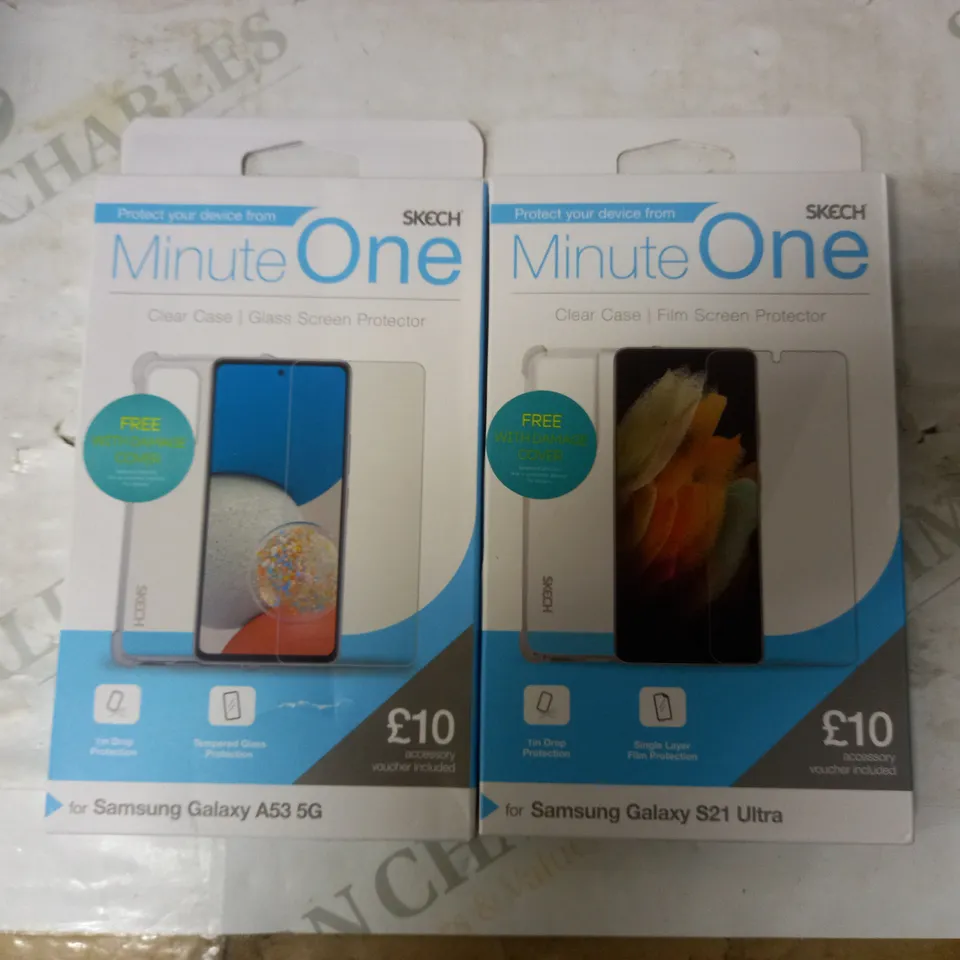 LOT OF 20 ASSORTED MINUTE ONE CLEAR CASE & SCREEN PROTECTOR KITS FOR SAMSUNG GALAXY A53-5G AND S21-ULTRA