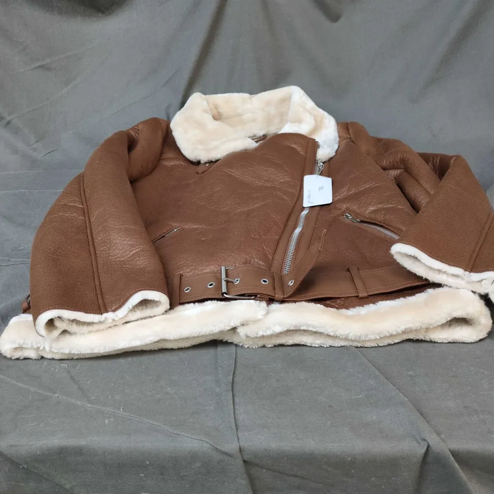 BROWN SHEARLING-LINED BOMBER JACKET BY LY VAREY LIN– XL