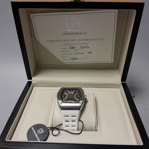 MENS AUTOMATIC DESCHAMPS & CO WATCH β SKELETON DIAL β GLASS EXHIBITION BACK CASE β RUBBER STRAP