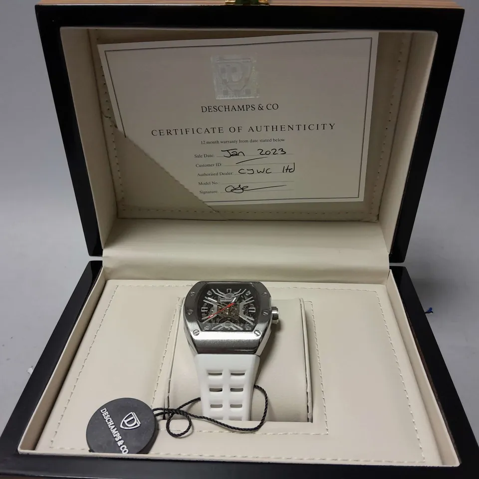 MENS AUTOMATIC DESCHAMPS & CO WATCH – SKELETON DIAL – GLASS EXHIBITION BACK CASE – RUBBER STRAP