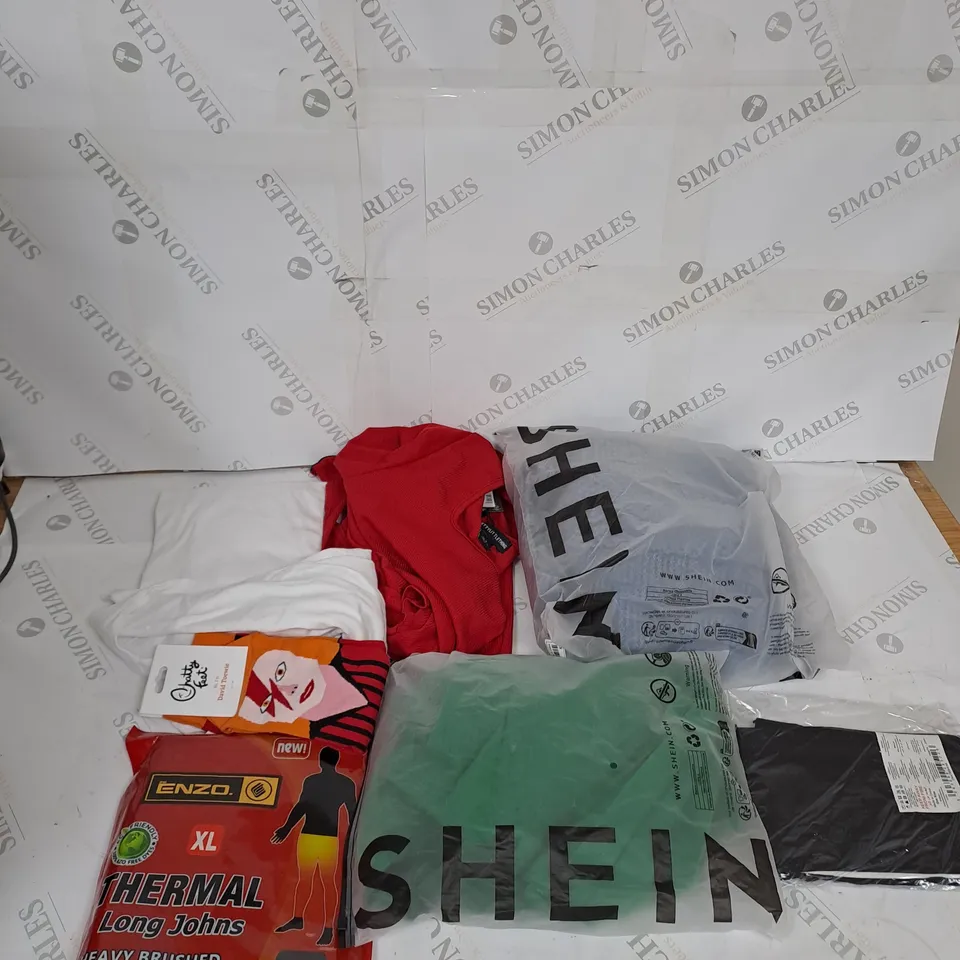 LARGE BOX OF ASSORTED CLOTHING ITEMS IN VARIOUS COLOURS AND SIZES INCLUDING TROUSERS , TOPS AND JUMPERS 