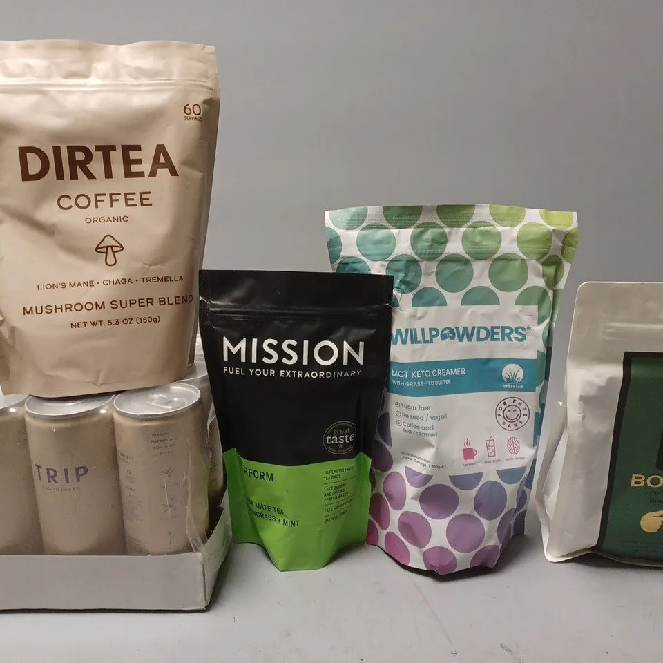 LOT OF APPROX 6 ASSORTED FOOD & DRING ITEMS TO INCLUDE - DIRTEA COFFEE MUSHROOM SUPER BLEND - MISSION MATE TEA - SET OF 12 TRIP CBD INFUSED ETC
