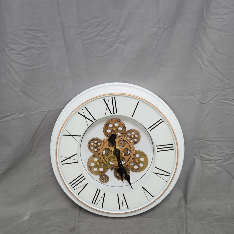 ROUND WALL CLOCK WITH EXPOSED  GEARS – WHITE FRAME
