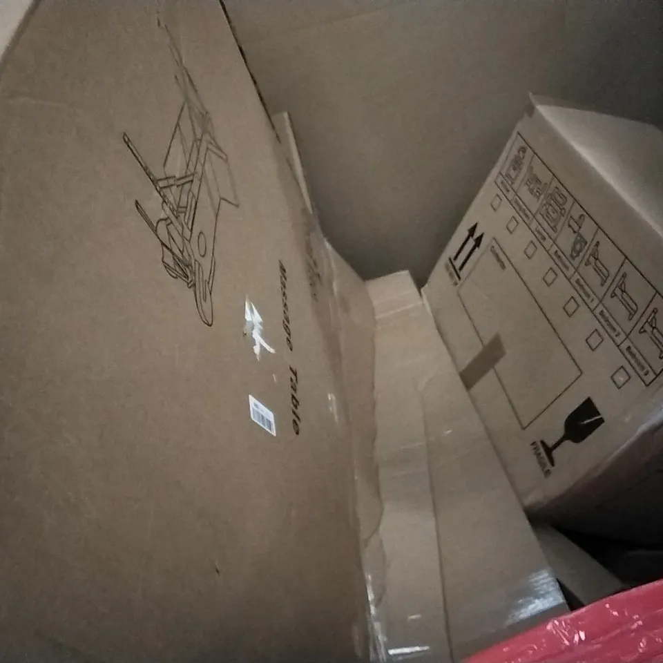 PALLET OF ASSORTED ITEMS INCLUDING VIVE TOILET SEAT RAIL, ULLTY SLIM TOWER BLADELESS FAN, JOHN'S STUDIO METAL TURNED DECORATION, 5 LAYER CORNER SHELF, PORTABLE LITE, HMTOT SALON STOOL 