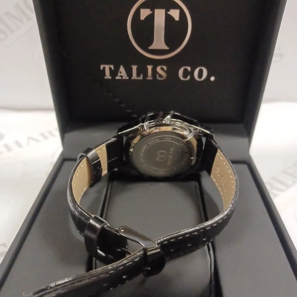 TALIS CO MEN'S BLACK LEATHER STRAP TRIPLE DIAL WRISTWATCH 