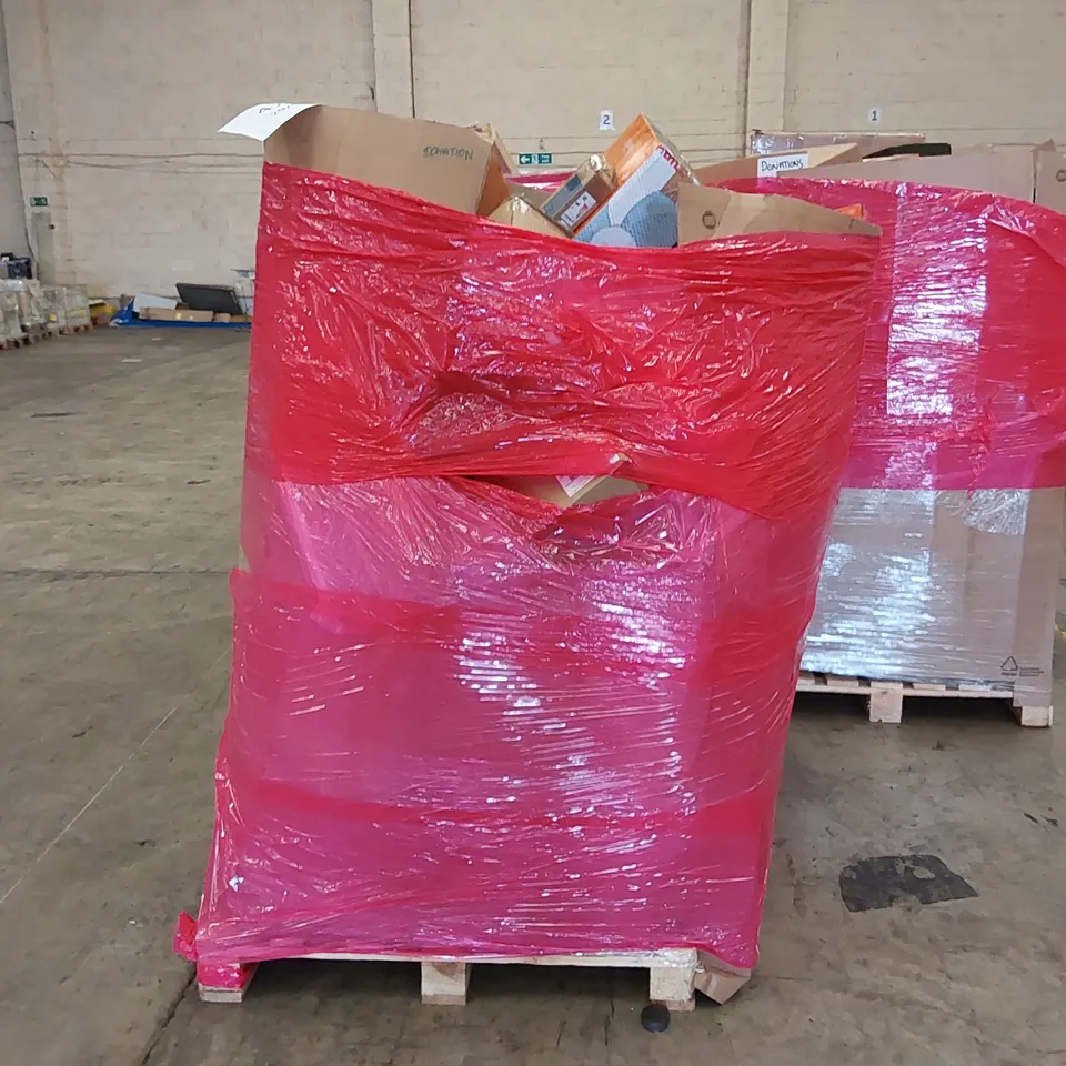 PALLET OF ASSORTED ITEMS INCLUDING: ELECTRIC BLANKET, PEDESTAL FAN, RETRACTABLE SAFETY GATE, LED INTEGRATED LIGHT FIXTURE, ROLLER BLINDS