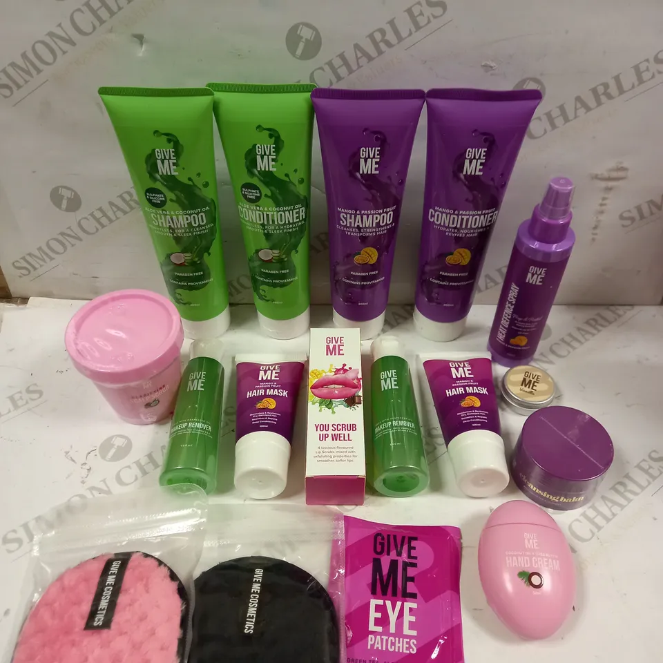 COLLECTION OF APPROXIMATELY 15 GIVE ME HAIR & SKIN CARE PRODUCTS TO INCLUDE SHAMPOO, HAIR MASK, MAKE-UP REMOVER ETC 
