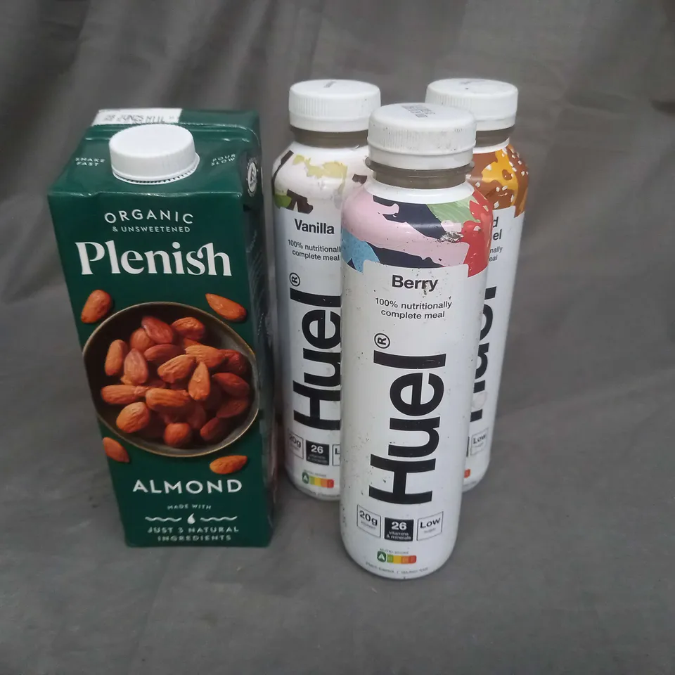 APPROXIMATELY  ASSORTED FOOD AND BEVERAGE PRODUCTS TO INCLUDE, HUEL BERRY, CHOCOLATE AND SALTED CARAMEL PROTEIN SHAKE, ORGANIC PLANISH ALMOND MILK