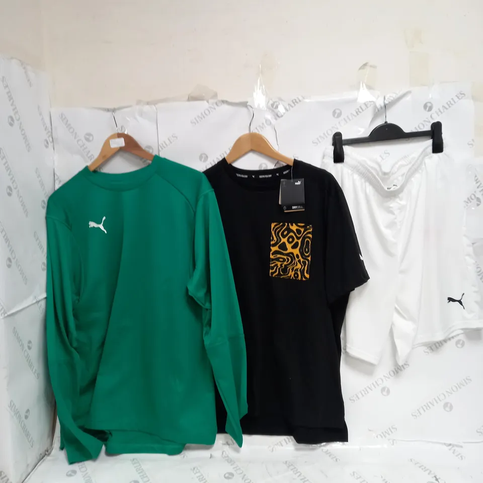 ASSORTED PUMA PIECES OF CLOTHING TO INCLUDE CROP TEES, DRESS TEE, AND SPORT SHORTS ETC.