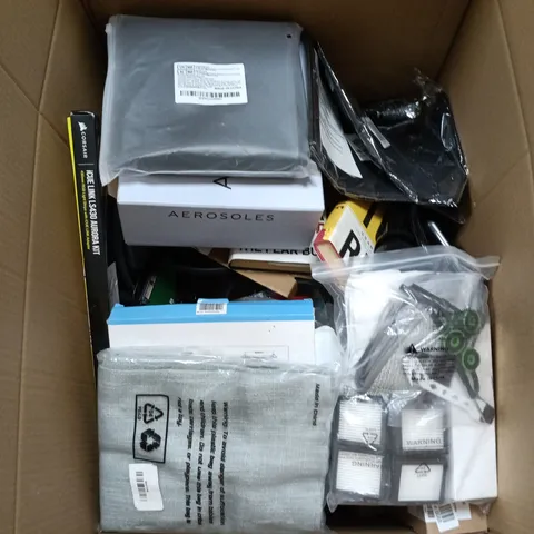 BOX OF APPROXIMATELY 15 ASSORTED ITEMS INCLUDING CORSAIR ICUE LINK , HARDBACK BOOKS AND VACUUM PARTS 