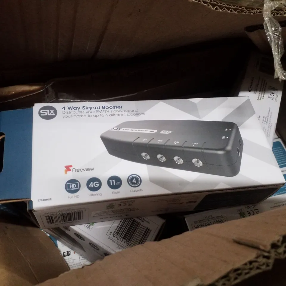 PALLET CONTAINING ASSORTED PRODUCTS INCLUDING 4 WAY SIGNAL BOOSTER, OUTLET PLATES TV/FM SCREENED OUTLET & AQUA MOISTURE TRAP REFILL TABZ