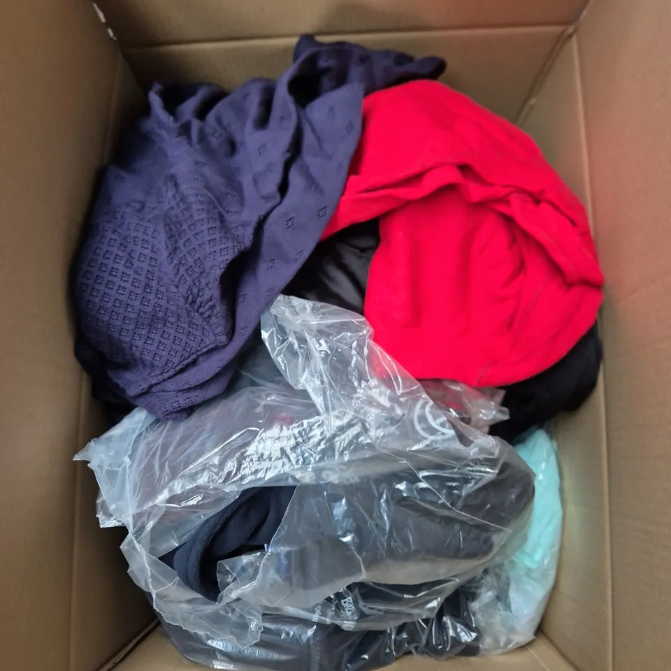 LARGE BOX OF ASSORTED CLOTHING ITEMS IN VARIOUS SIZES, STYLES AND COLOUR - COLLECTION ONLY